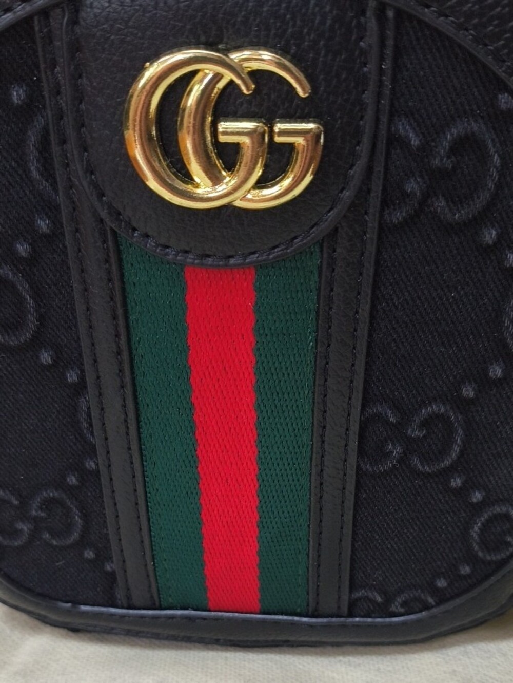 New- Inspired  Black GG Canvas Mini Round Top-Handle Bag with Green-Red Stripe - Picture 2 of 6